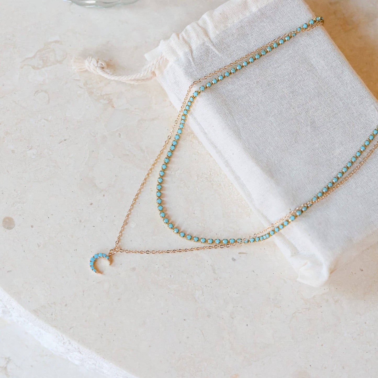 Turquoise Moon Double Chain Necklace with Enamel Chain