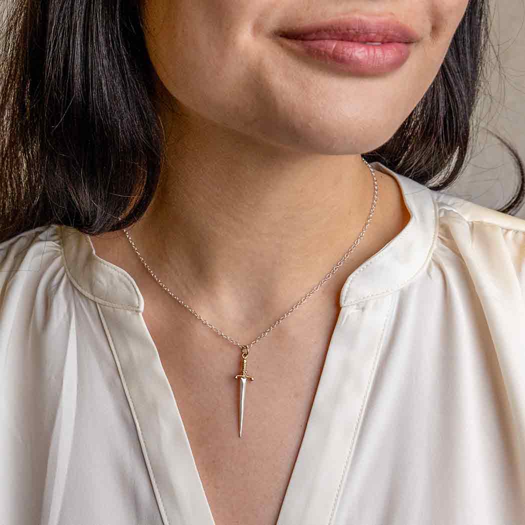 Sterling Silver Sword Necklace with Bronze Handle 18 Inch