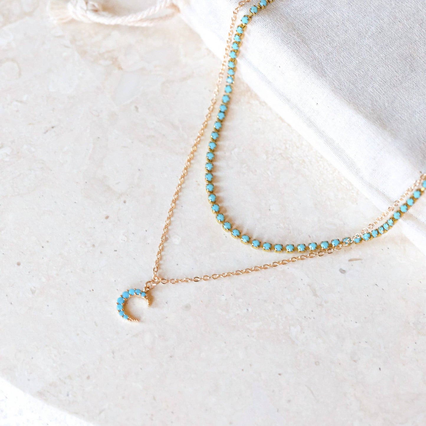 Turquoise Moon Double Chain Necklace with Enamel Chain