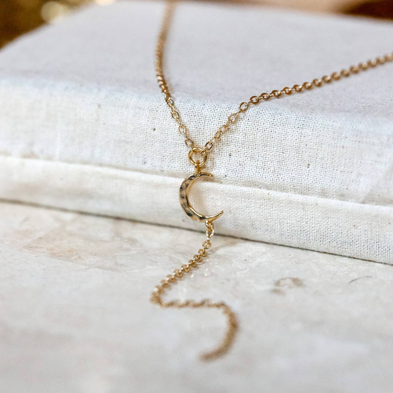 Hammered Moon Lariat Necklace: 14kt Gold Filled Chain