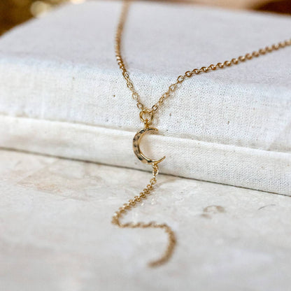 Hammered Moon Lariat Necklace: 14kt Gold Filled Chain