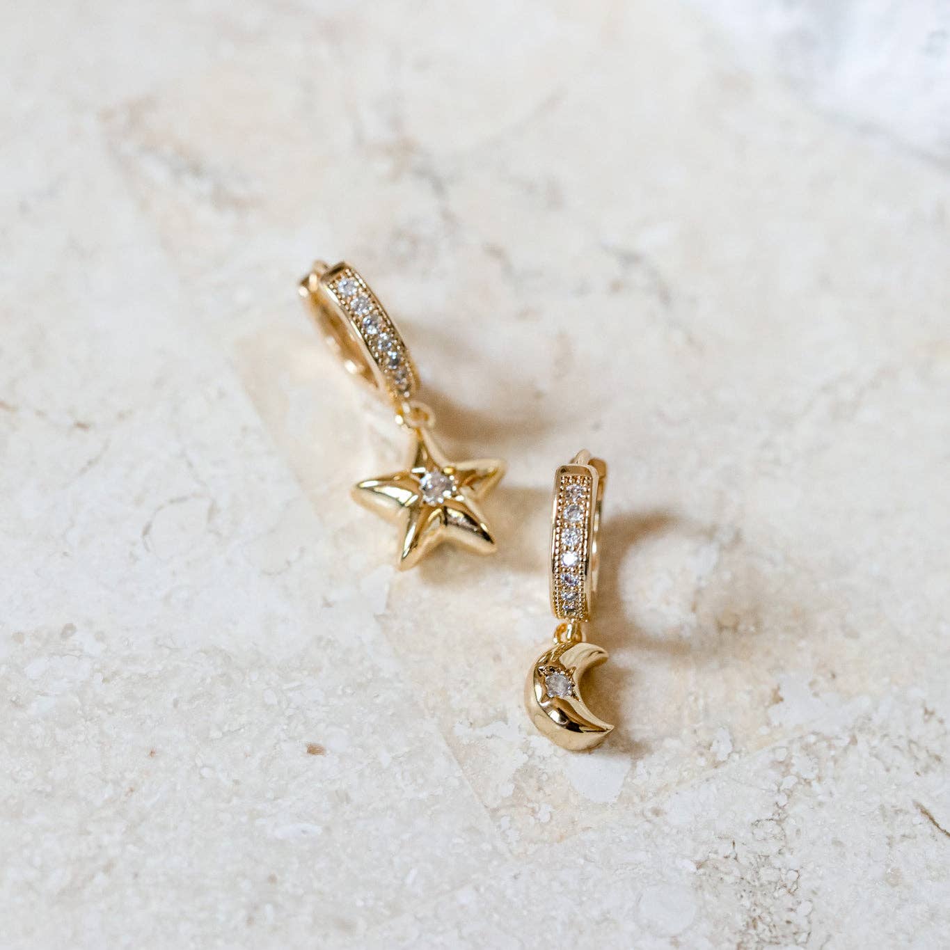 Night Sky Huggies: Asymmetrical Earrings with Moon & Star