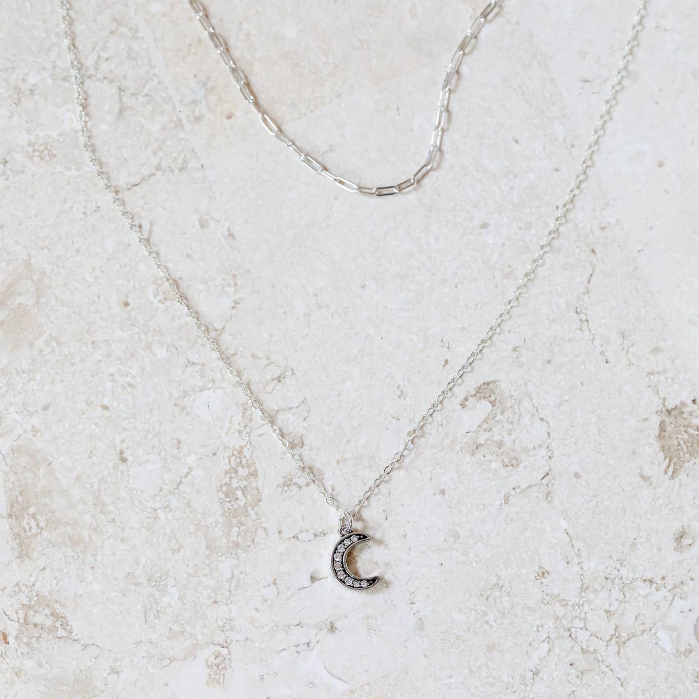 Sterling Silver Double Necklace: Moon Charm