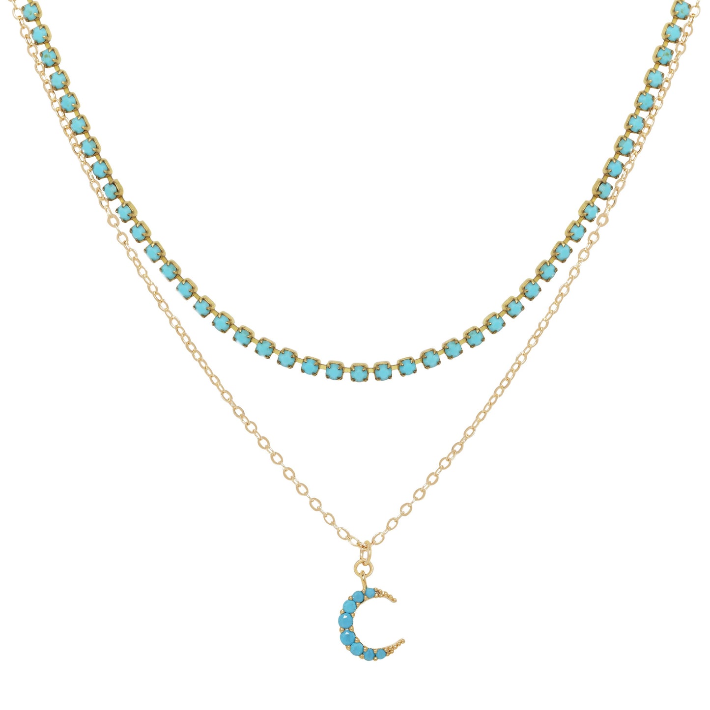 Turquoise Moon Double Chain Necklace with Enamel Chain