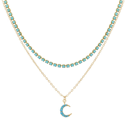Turquoise Moon Double Chain Necklace with Enamel Chain