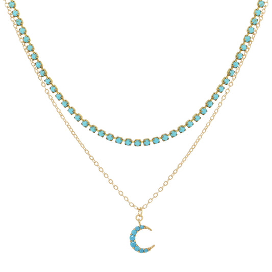 Turquoise Moon Double Chain Necklace with Enamel Chain