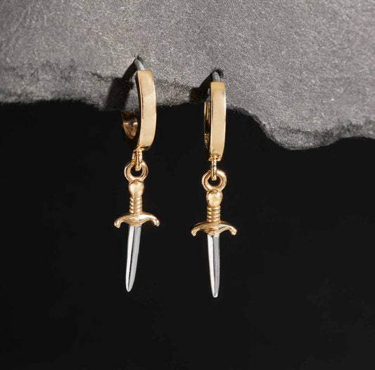 Bronze mini dagger Huggie Hoops with Mixed Metal Daggers 29x6mm