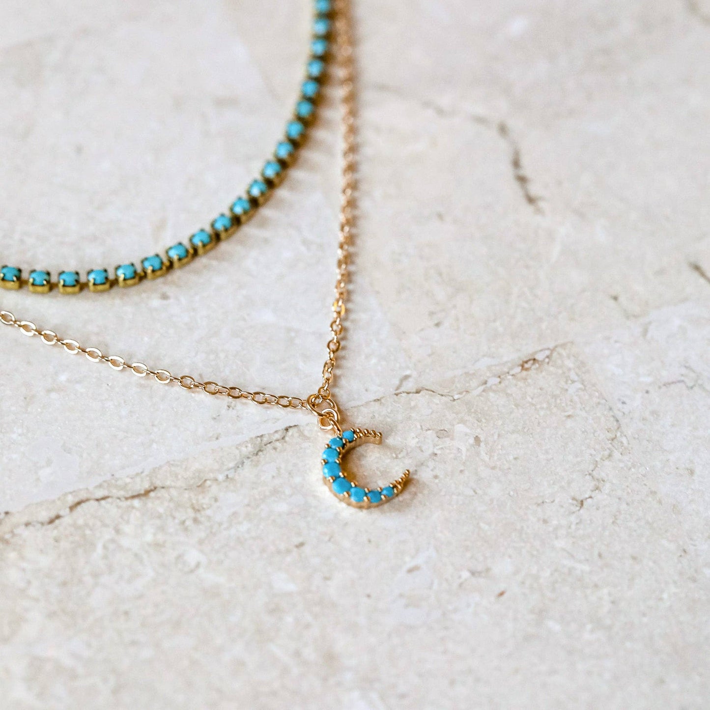 Turquoise Moon Double Chain Necklace with Enamel Chain