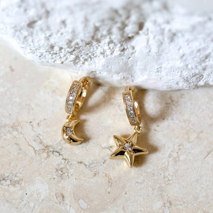 Night Sky Huggies: Asymmetrical Earrings with Moon & Star