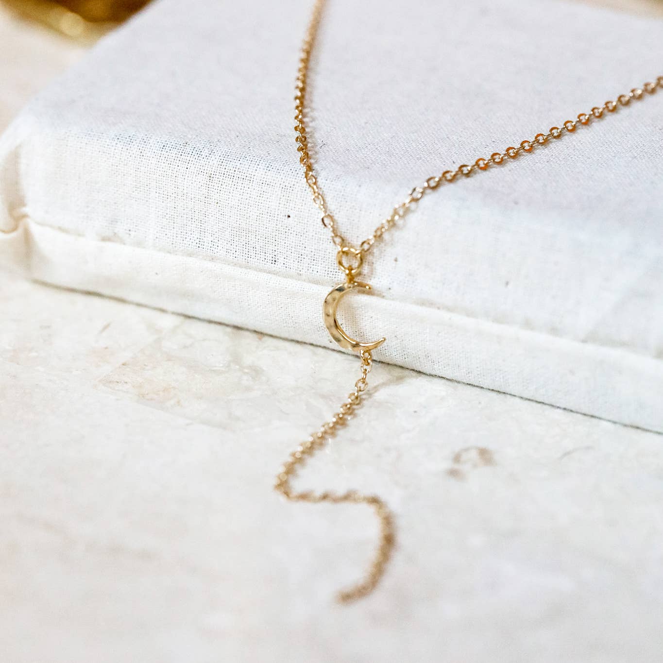 Hammered Moon Lariat Necklace: 14kt Gold Filled Chain