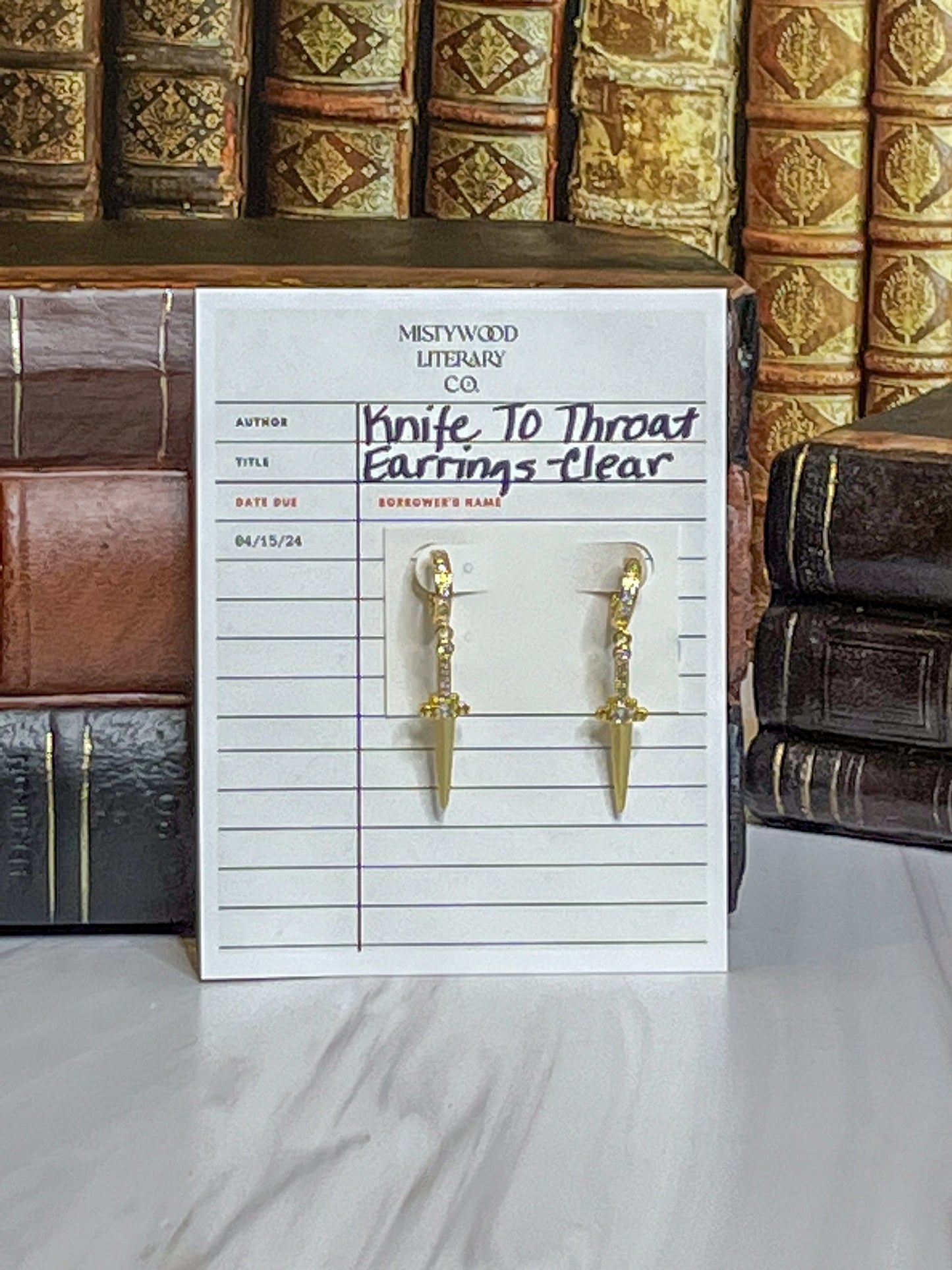 "Knife to Throat" Trope Dagger Earrings Clear (PICKUP AT ROMANTASY)