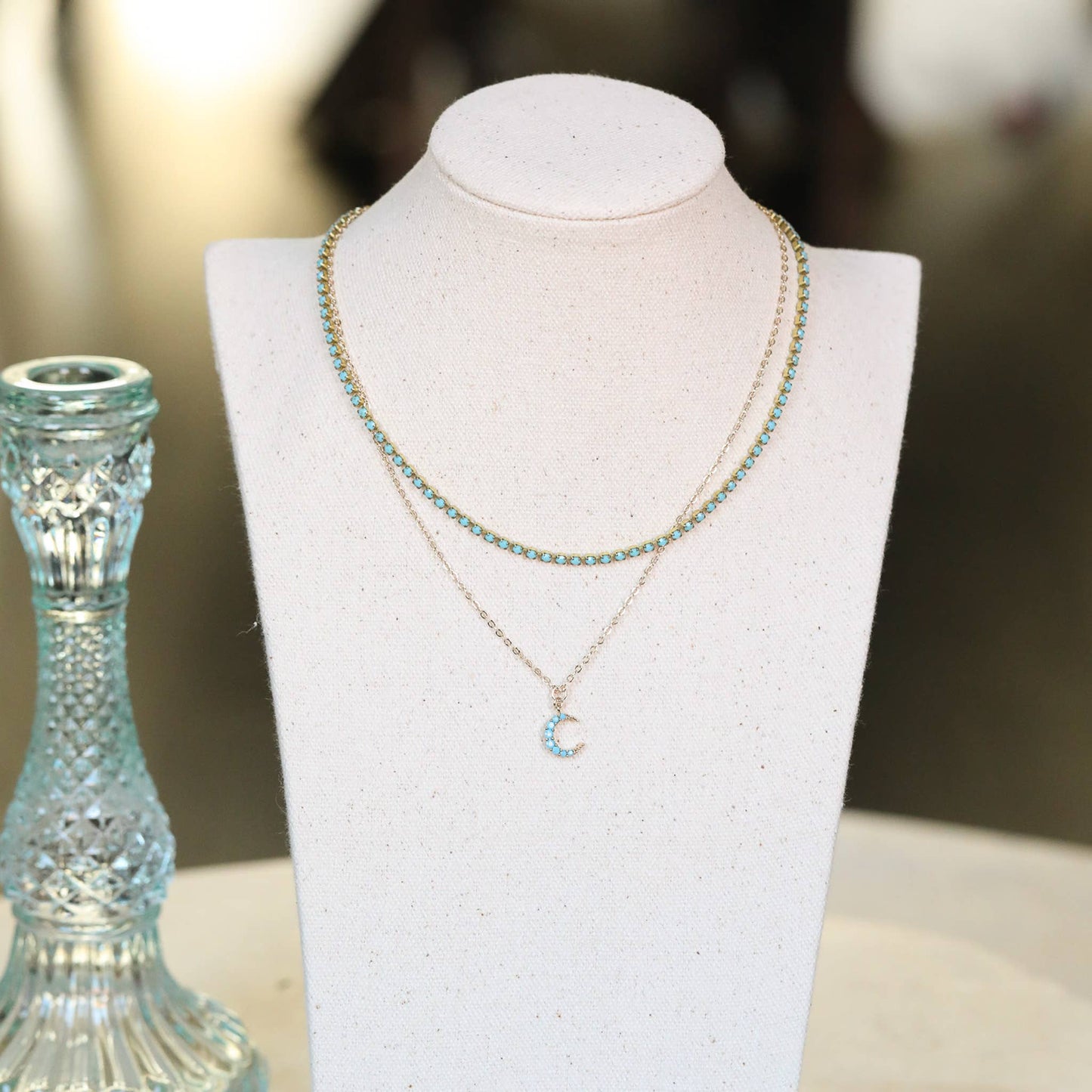 Turquoise Moon Double Chain Necklace with Enamel Chain