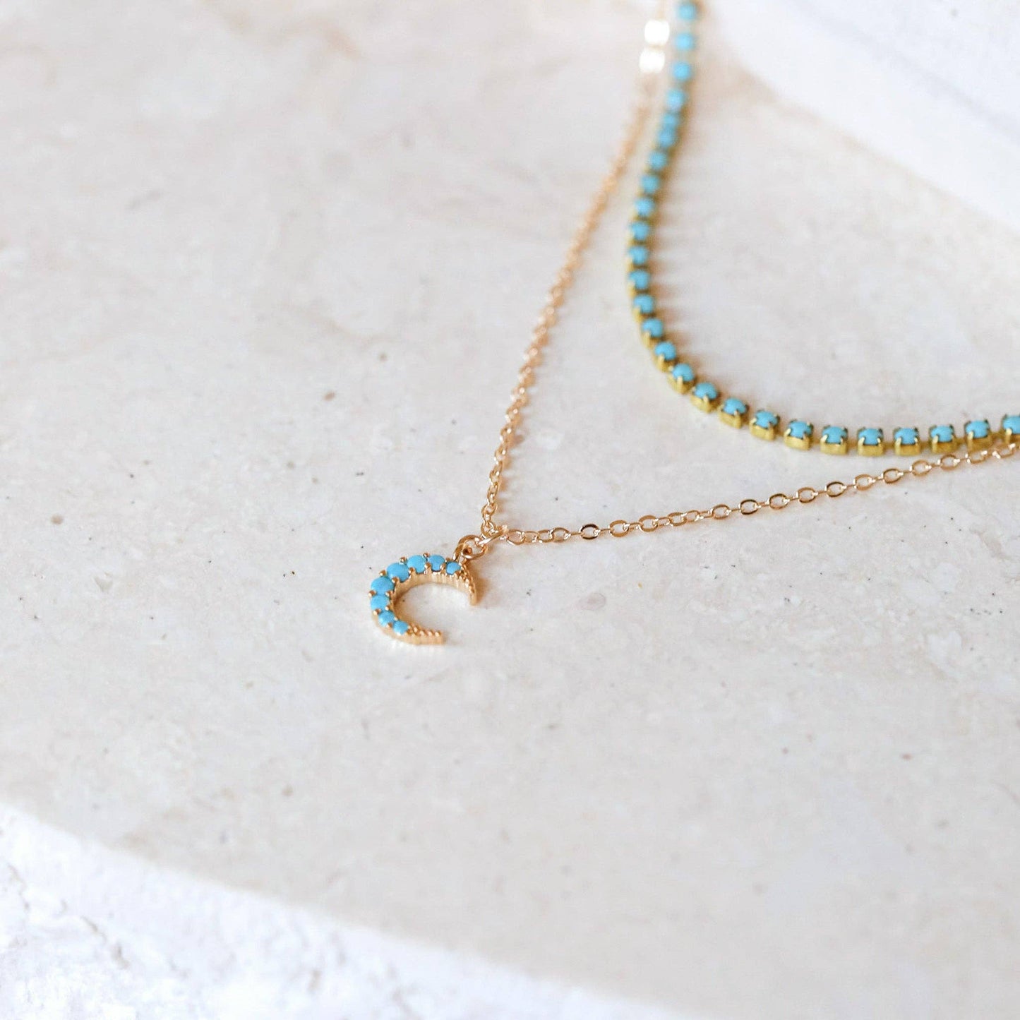 Turquoise Moon Double Chain Necklace with Enamel Chain