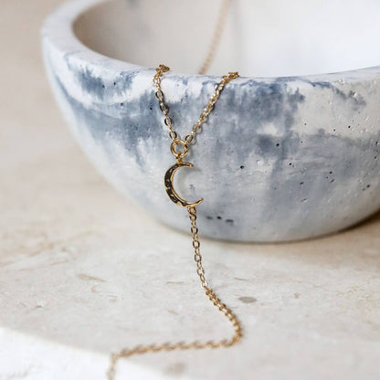 Hammered Moon Lariat Necklace: 14kt Gold Filled Chain