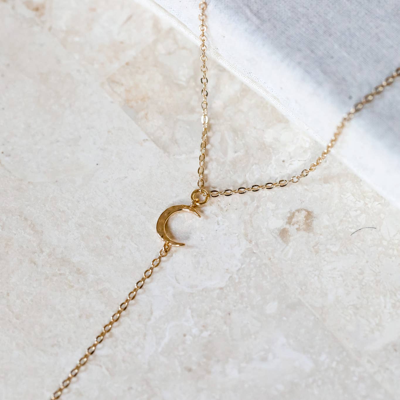 Hammered Moon Lariat Necklace: 14kt Gold Filled Chain