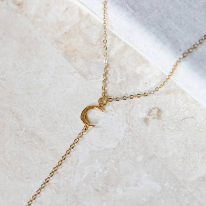 Hammered Moon Lariat Necklace: 14kt Gold Filled Chain