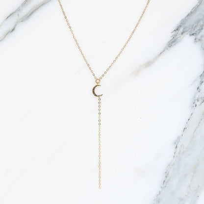 Hammered Moon Lariat Necklace: 14kt Gold Filled Chain