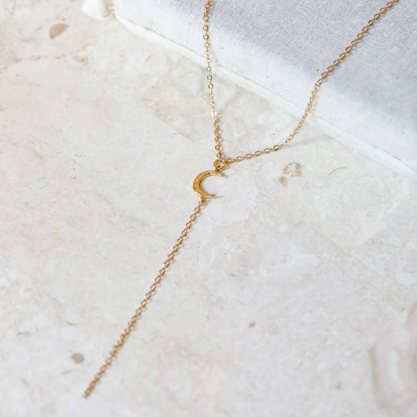 Hammered Moon Lariat Necklace: 14kt Gold Filled Chain